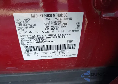 2020 Ford Explorer St z USA, uszkodzony, nr VIN 1FM5K8GC2LGC85581